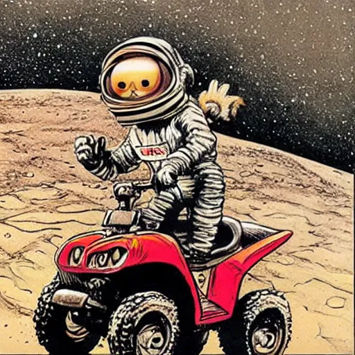 Image similar to painting of monkey wearing tuxedo riding an atv on the moon, jack davis style
