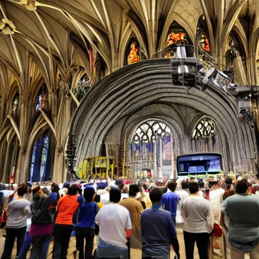 Prompt: few people worshiping a giant microwave in center if a massive cathedral.