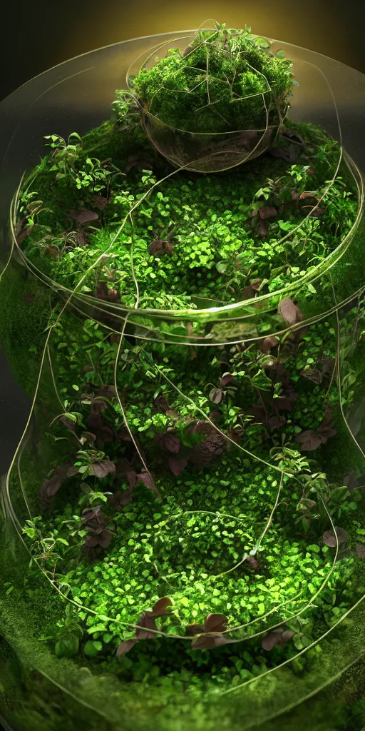 Image similar to graphic of terrarium, vines wrap around the terrarium, unreal engine 5, blender, depth of field, ultra realistic, cinematic, macro, artstation, megascan, intricate, epic, Quixel, weta digital, focus, octane render, v-ray, digital art, highly detailed illustration, golden ratio, prism undertones, rule of thirds