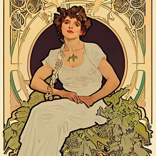 Image similar to a portrait of Rosie the riveter by Alphonse Mucha, intricate details, art nouveau card, 8k