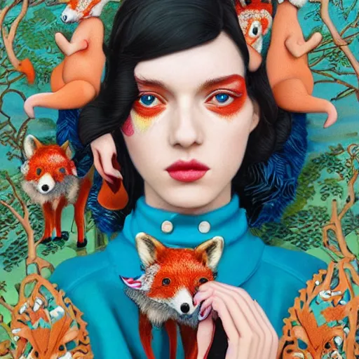 Image similar to pretty model with foxes : : by martine johanna and simon stalenhag and chie yoshii and casey weldon and wlop : : ornate, dynamic, particulate, rich colors, intricate, elegant, highly detailed, vogue, harper's bazaar art, fashion magazine, smooth, sharp focus, 8 k, octane render