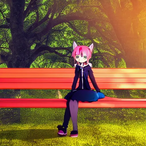 Image similar to 3 d photo of an anime girl with cat ears and long hair looking to her side, sitting on a bench with a park behind her, bokeh, shader, anime art style, highly detailed, cel - shaded, colorful, animated, trending