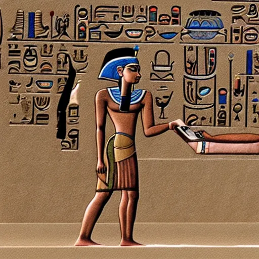 Prompt: photo of Egyptian pharaoh use the mobile phone