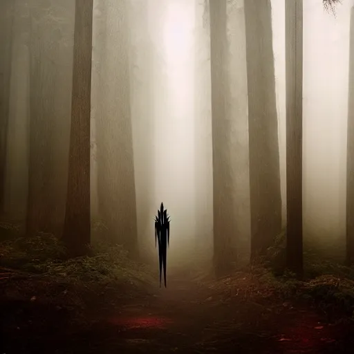 Image similar to a mystical alien pharaoh standing in a dark, gloomy forest, detailed, mythical, mist, depressing, tired, dark, lush, nature, mist, mystery, glows, somber, dismal, fog, heavy fog, dark lighting, rim light, ambient light,