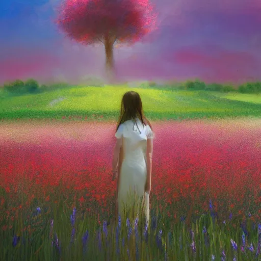 Prompt: woman standing in flower field, mattepainting, artstation, impressionism, big flower on shoulders