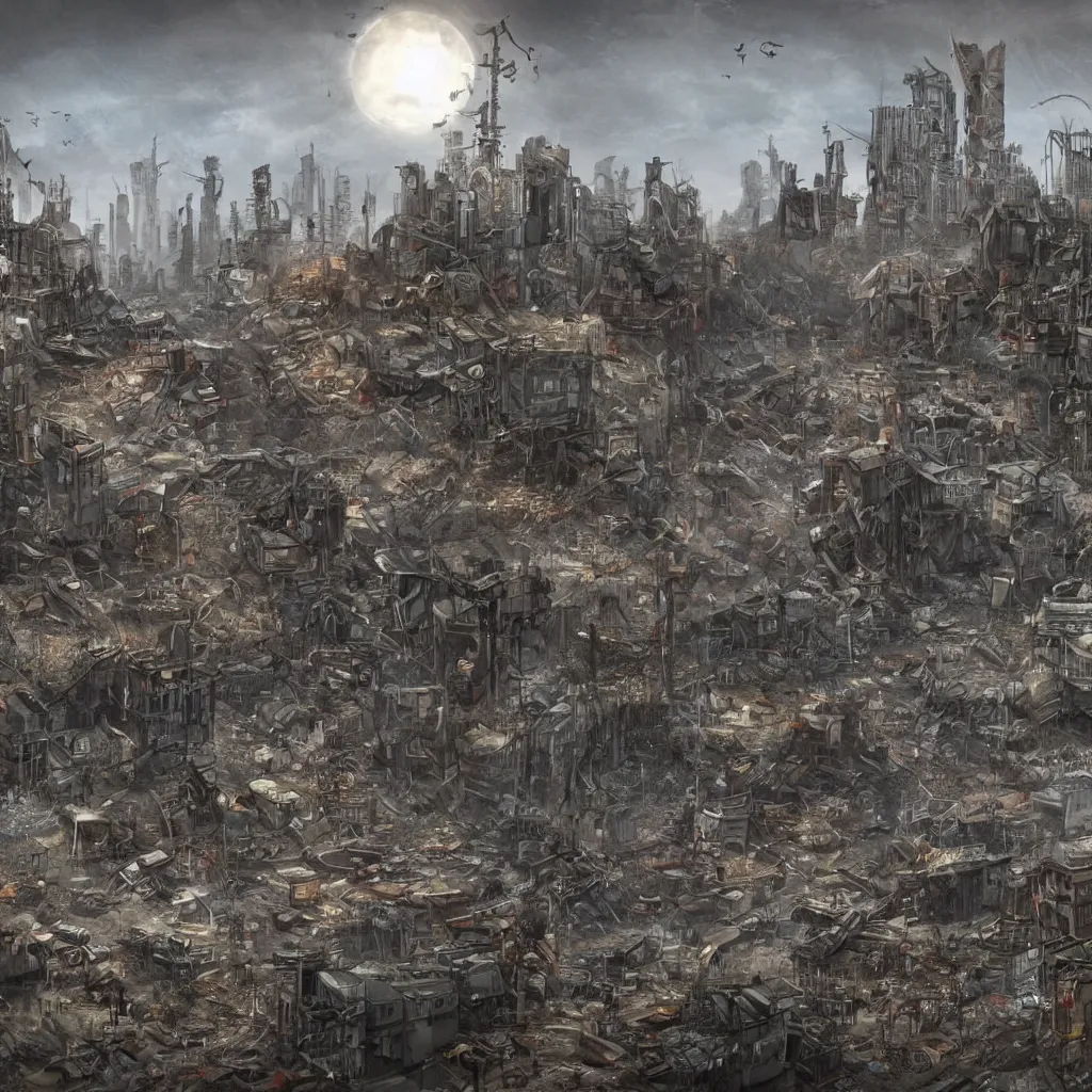 Image similar to big post apocalyptic city made of junk