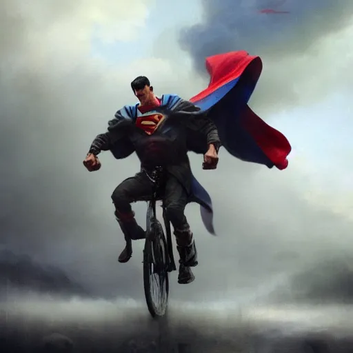 Prompt: cinematic shot epic portrait superman riding a bicycle in the streets, atmospheric, cloudy, broad light, ambient occlusion, volumetric light effect, made by ivan aivazovsky, peter mohrbacher, greg rutkowski, ross tran, matte painting, trending on artstation, 4 k, perfectly defined features, digital painting, cinematic, epic, highly detailed,