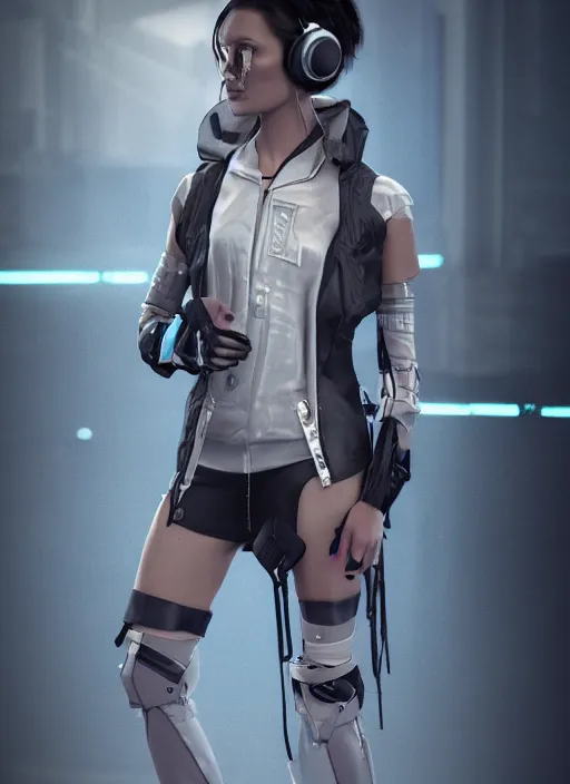 Image similar to haute couture, clothing setting for girl, model standing pose, futurism, vest, princess sleeve jacket, shorts, boots, headphones, cyberpunk style, render by octane and blender, hyper realistic, hyper detailed