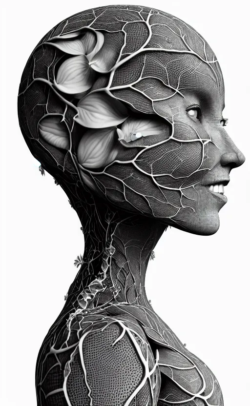 Image similar to a black and white 3D render of a beautiful profile face portrait of a female vegetal-dragon-cyborg, 150 mm, orchid stems, ivy, fine vegetal lace, Mandelbrot fractal, anatomical, flesh, facial muscles, microchip, veins, arteries, full frame, microscopic, elegant, highly detailed, flesh ornate, elegant, high fashion, rim light, octane render in the style of H.R. Giger