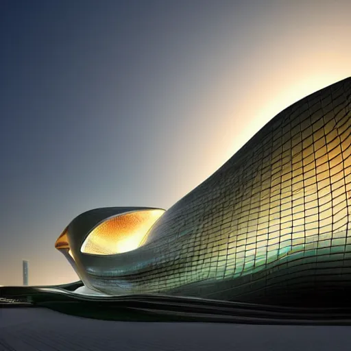 Prompt: extremely detailed stunning sophisticated beautiful elegant futuristic museum exterior by zaha hadid, stunning volumetric light, bright colors, translucent material, beautiful sunset