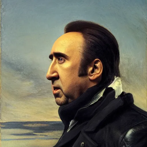 Image similar to Nicolas Cage as an Android, head and shoulders, oil on canvas, golden hour, in the world of Andrew Wyeth, artstation, by J. C. Leyendecker and Peter Paul Rubens,