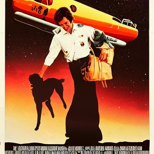 Prompt: a 8 0's movie poster about a guy and his dog. they are pilots it's called wing and a paw