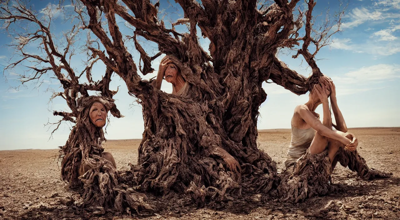 Image similar to 65-year-old tree-woman crying one single tear, facing the camera and sitting on a dried up river in a desolate land, blue sky, hot and sunny, highly-detailed, elegant, dramatic lighting, artstation, 4k, cinematic landscape, color photograph