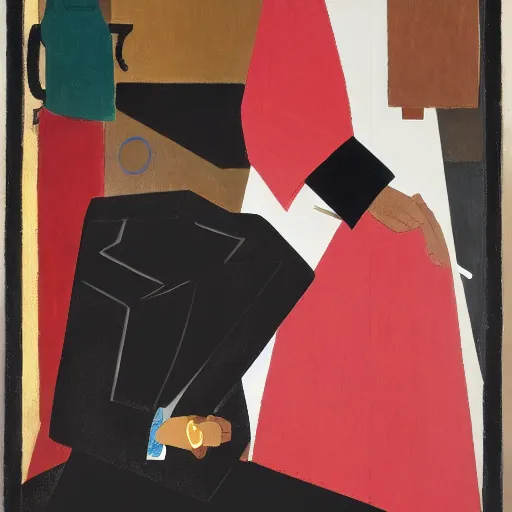 Prompt: female homeless millionaire, in expensive clothes and with a cigar, by Jacob Lawrence, clean, detailed, award winning