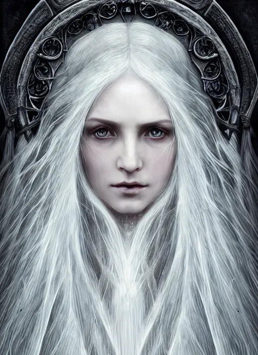 Prompt: immortal majestic elven sorceress wearing a cloak, long beautiful strands of pale white hair, engraving, concept art, elden ring, illustration, smooth, sharp focus, by gustave dore and greg rutkowski, hyper realistic face, piercing beautiful eyes, fantasy art, in the style of midjourney, intricate, alphonse mucha, hyper detailed