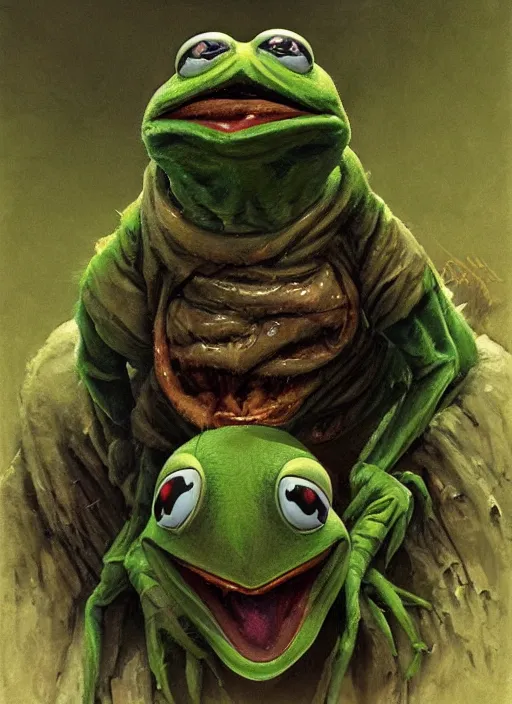 Image similar to portrait of Evil and screaming Kermit the frog in The Thing (1982) highly detailed, centered, solid color background, digital painting, artstation, concept art, smooth, sharp focus, illustration, artgerm, donato giancola, Joseph Christian Leyendecker, Les Edwards, Ed Repka, WLOP, Artgerm