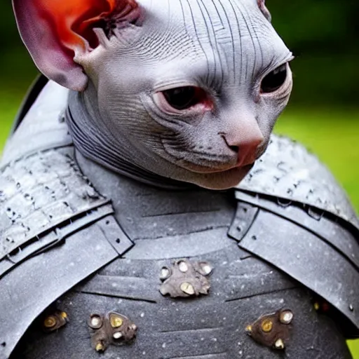 Image similar to samurai armor worn by hairless sphynx cat