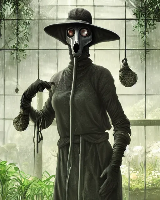 Image similar to portrait of a female plague doctor in a botanical greenhouse, heavy rain outside, wind, thunder, reflections, deep focus, d & d, fantasy, intricate, elegant, highly detailed, digital painting, artstation, concept art, matte, sharp focus, illustration, hearthstone, art by artgerm and greg rutkowski and alphonse mucha