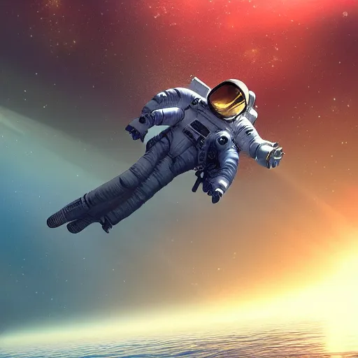 Image similar to an astronaut floating in the middle of deep water being hit by sun rays, trending on art station, atmosphere, concept art, photorealistic, high detailed