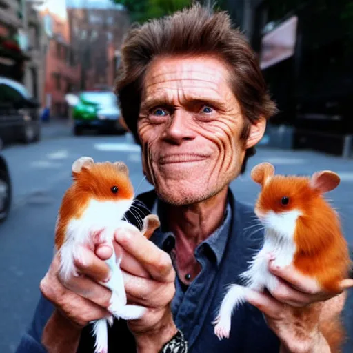 Prompt: A realistic photo of Willem Dafoe holding two hamsters on the street