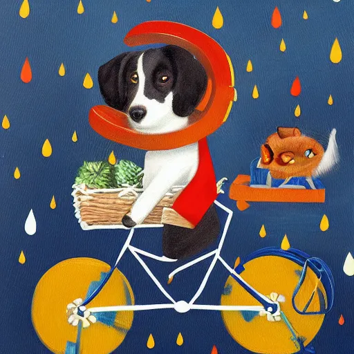 Image similar to painting of a dog riding a bicycle on top of a train, raining, on the surface of the moon, cat in bicycle basket, trending on artstation