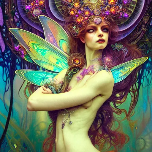 Prompt: An extremely psychedelic fairy queen, surreal, dramatic lighting, magic mushrooms, psilocybin, LSD, face, detailed, intricate, elegant, lithe, highly detailed, digital painting, artstation, concept art, smooth, sharp focus, illustration, art by Krenz Cushart and Artem Demura and alphonse mucha