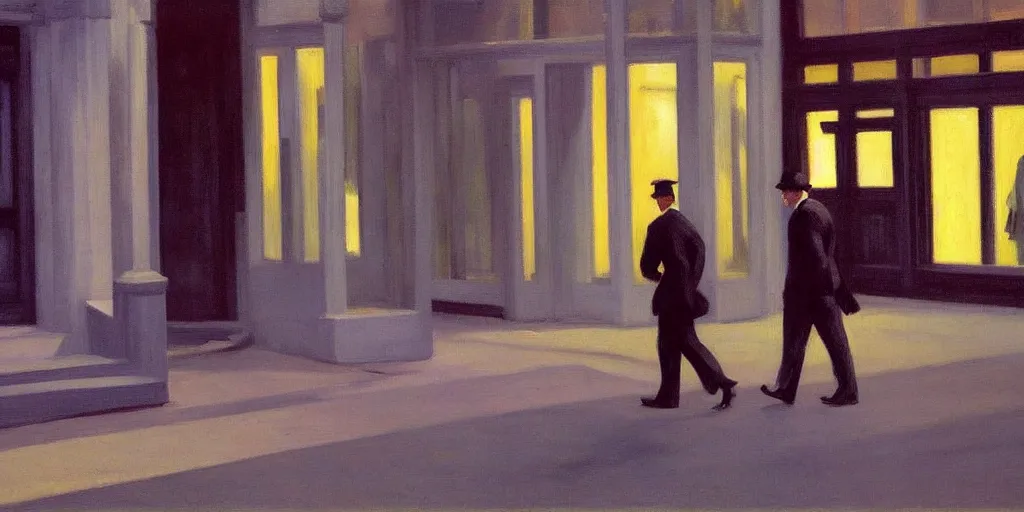 Prompt: a Edward Hopper painting of a bussiness walking alone in a empty street at night