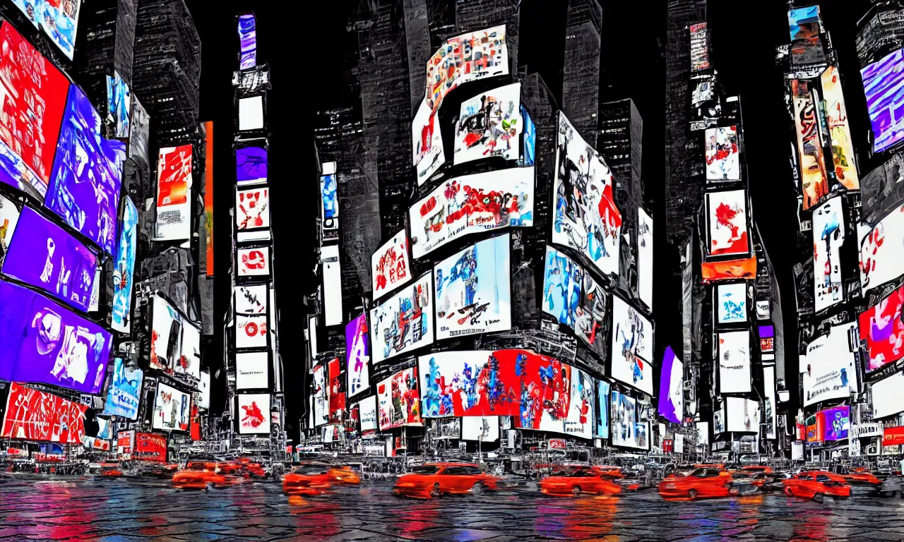 Image similar to mandelbrot 3 d volume fractal mandala ceramic chakra digital color stylized times square on a rainy bustling evening, bright lights big city