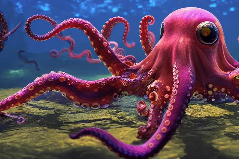 Prompt: dramatic and happy octopus swimming in an octopus'garden under the sea in the shade. trending on cgsociety, happy atmosphere, volumetric lighting, unreal engine, exaggerated detailed, 3 5 mm lens,