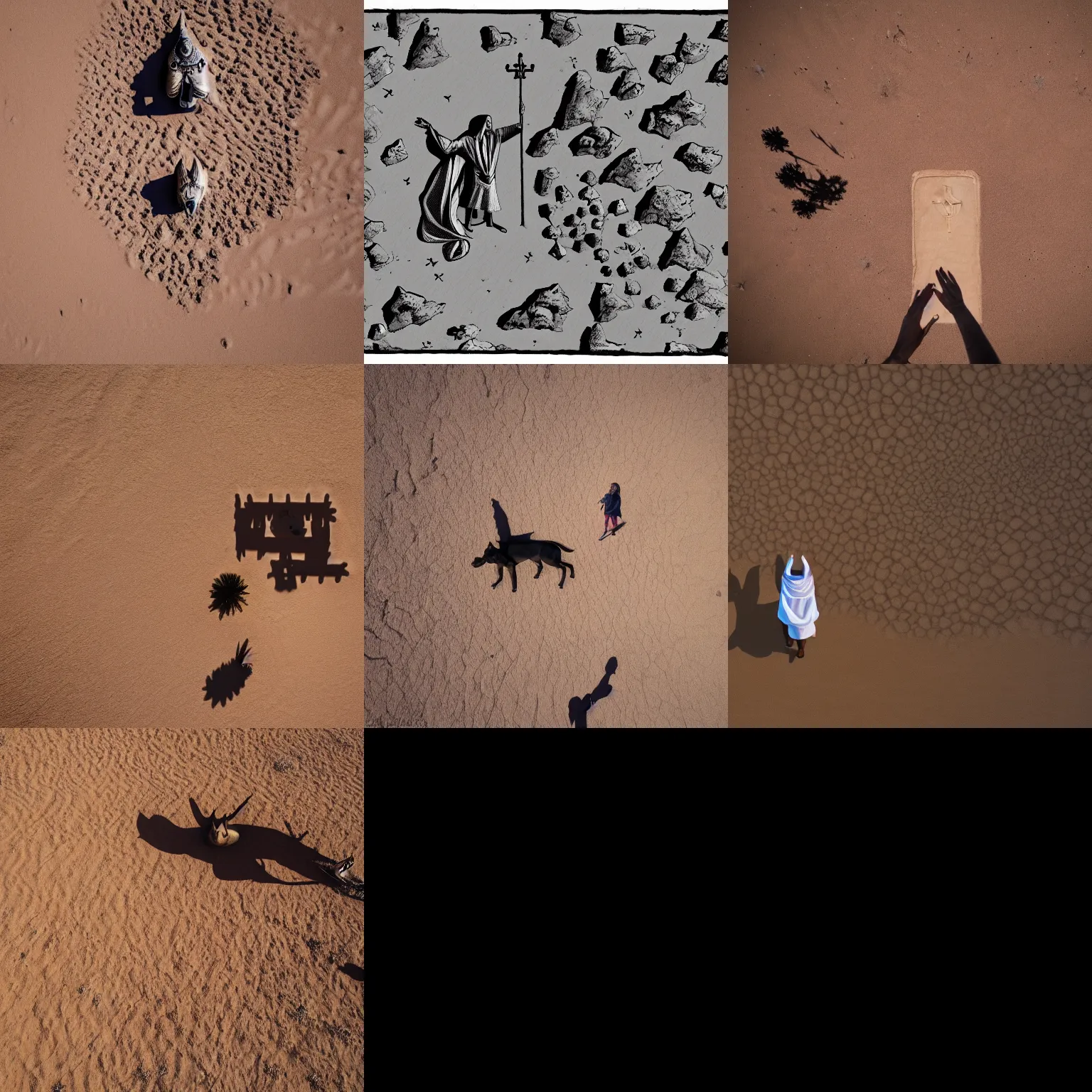 Prompt: priest summoning anubis in a desert plateau,view from above,8k,