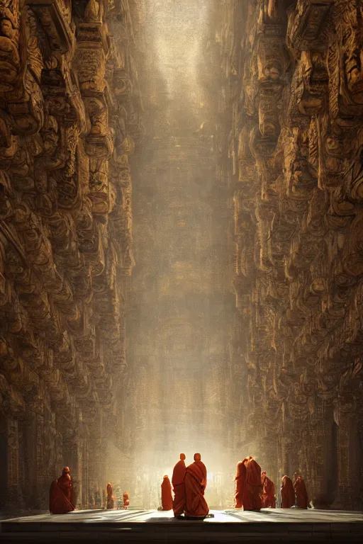 Prompt: inside an ancient temple, portrait, monks praying in rows, powerful, intricate, elegant, volumetric lighting, scenery, digital painting, highly detailed, artstation, sharp focus, illustration, concept art, ruan jia, steve mccurry