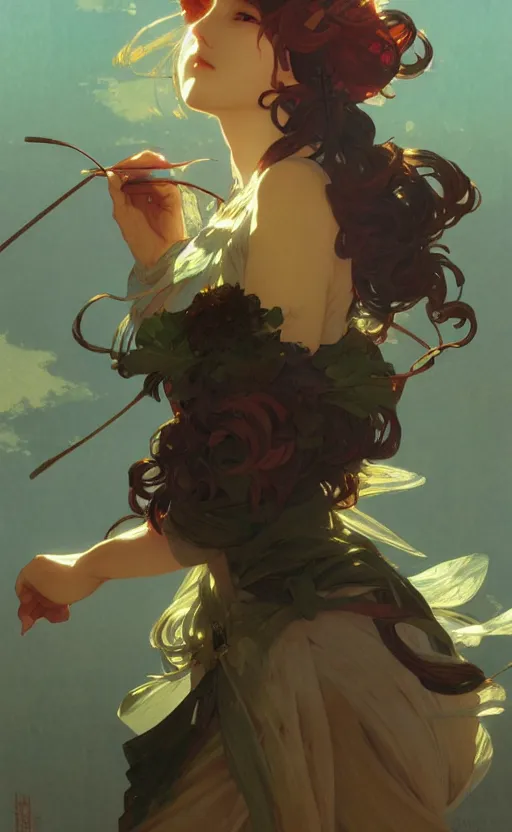 Image similar to (((((touhou)))), highly detailed, digital painting, artstation, concept art, sharp focus, illustration, art by greg rutkowski and alphonse mucha