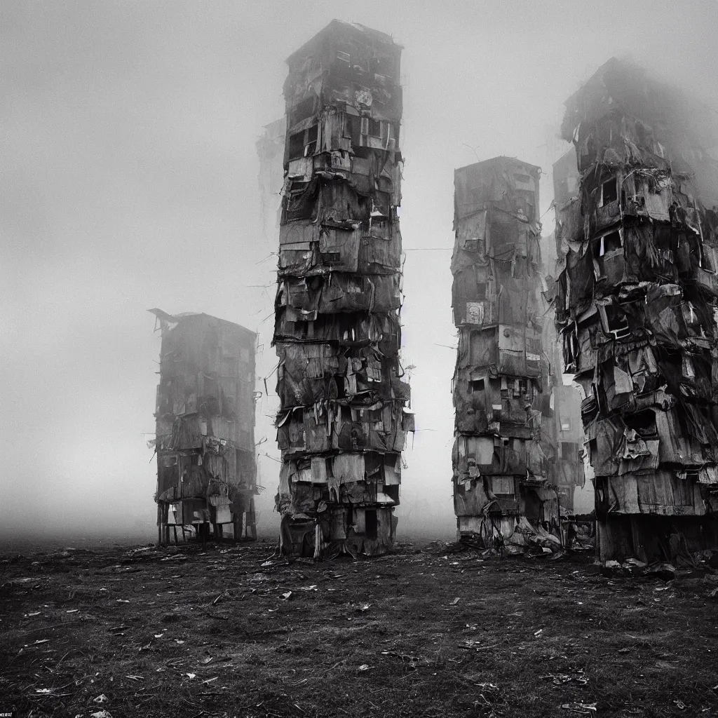 Prompt: two towers, made up of makeshift squatter shacks with faded colours, misty, moody sky at the back, dystopia, mamiya, f 1 1, fully frontal view, photographed by trent parke