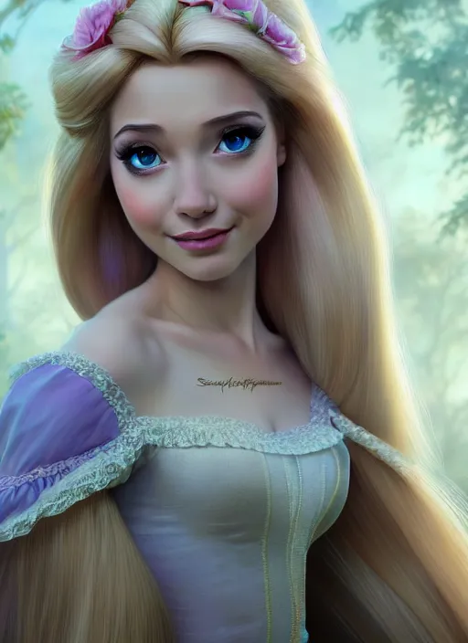 Image similar to photo of a gorgeous young woman rapunzel in the style of stefan kostic, realistic, sharp focus, 8 k high definition, insanely detailed, intricate, elegant, art by stanley lau and artgerm