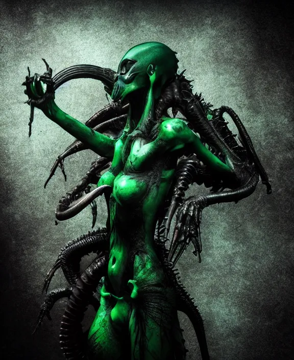 Image similar to xenomorph queen goth model hybrid, dragon eggs, dark emerald mist colors, giger background liminal void, cinematic lighting, realistic, award winning photograph, various refining methods, micro macro autofocus