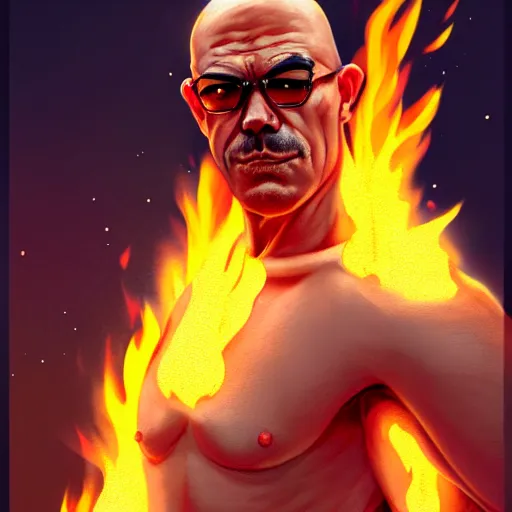 Image similar to bald boxer with chest tattoos on fire, digital art, cinematic, concept art, 8k, painting, imaginefx, cgsociety, syd mead, trending on artstation, wide shot, full shot