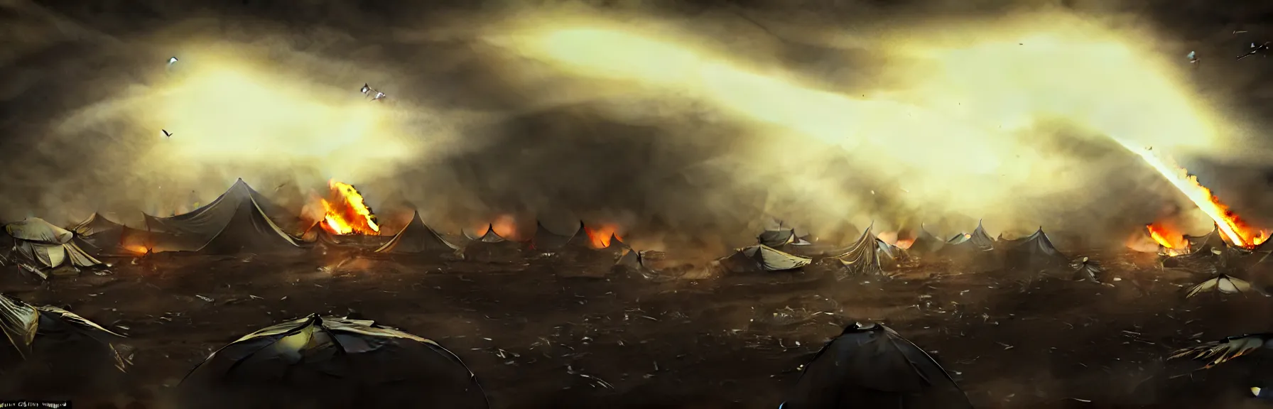 Prompt: You step out of the tent and are about to start running when it suddenly gets incredibly bright, Tents are on fire. you hear screams You look up, Mighty zeppelins hover in the sky above you, cruise missile strikes, a little further away, a camp is bombarded from the air, intricate and epic concept art, highly detailed, 8k, cinematic