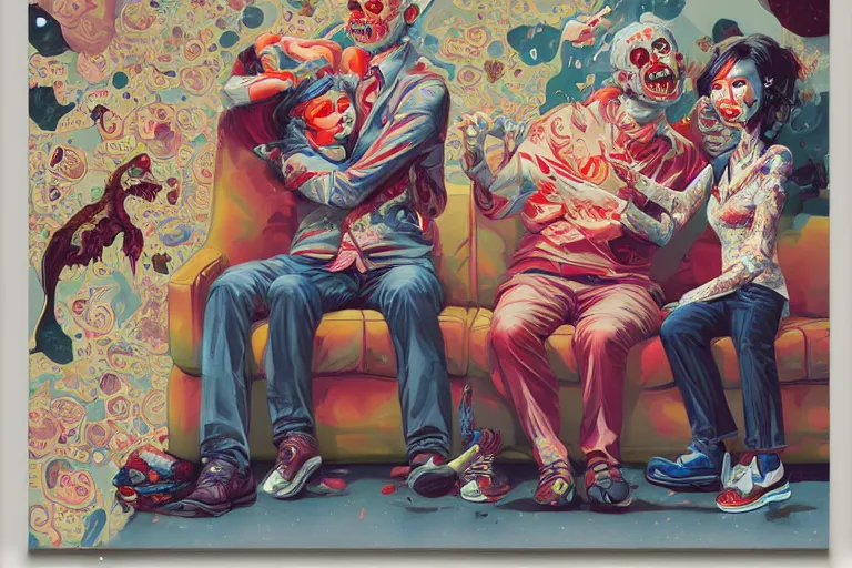 Image similar to a zombie dad on the couch, Tristan Eaton, victo ngai, artgerm, RHADS, ross draws