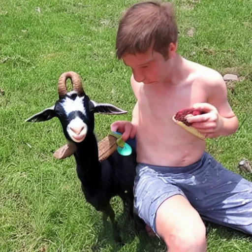 Image similar to gigachad saves a child from a vicious ice - cream wielding goat,
