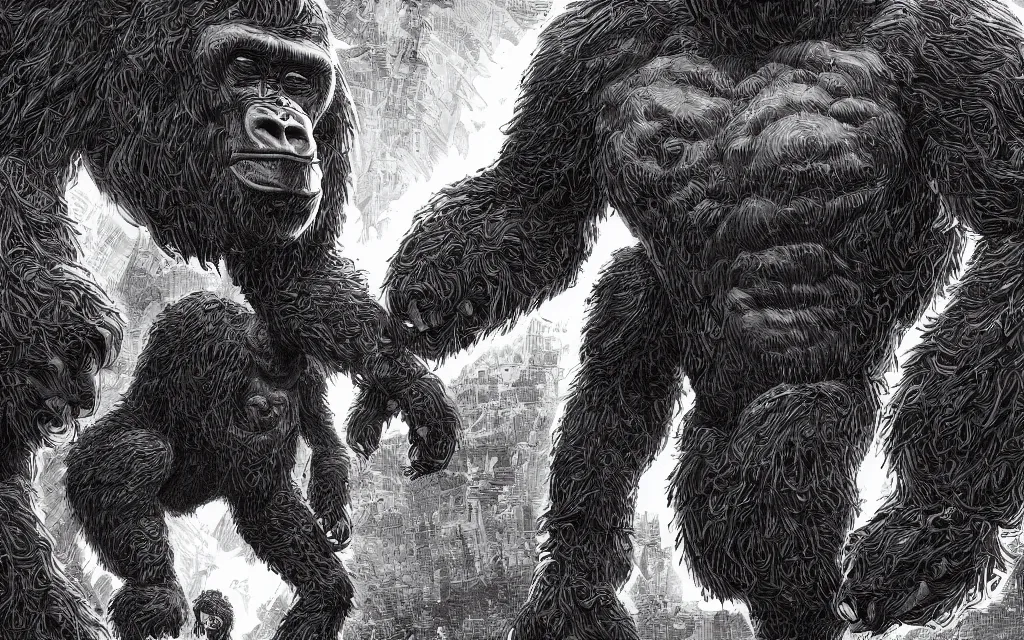 Image similar to giant gorilla, in the style of james jean and laurie greasley, dynamic composition, dramatic lighting, hyperrealistic, ultra detailed, nitro colors