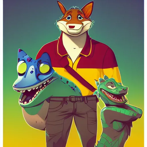 Prompt: in the style of artgerm, loish and ross tran, anthropomorphic alligator, symmetrical face, symmetrical eyes, red scales on his back, yellow scale on his belly and chest, male, waring a hawaiian shirt, in the style of zootopia