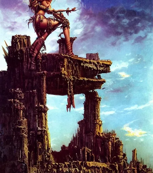 Image similar to mighty princess of the wasteland, scrap metal headdress, ominous ruins, strong line, deep color, cloudy sky, beautiful! coherent! by brom, by frank frazetta,