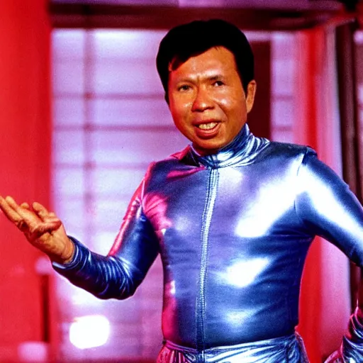 Image similar to A movie still of Pol Pot wearing a disco suit in Satuday Night Fever