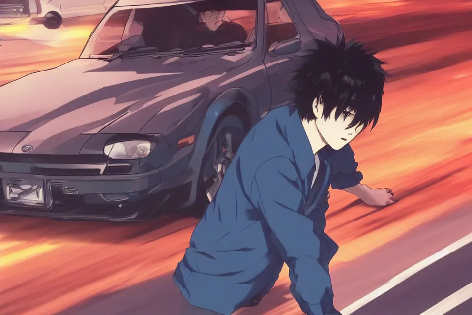 Image similar to aesthetic illustration of ryosuke takahashi with black hair wearing a dark blue shirt leaning on his white mazda rx 7 on an empty highway at dusk, cinematic lighting, initial d anime 1 0 8 0 p, detailed anime face, high detail, 9 0 s anime aesthetic, volumetric lights, rule of thirds, unreal engine 5 render, pinterest wallpaper, trending on artstation