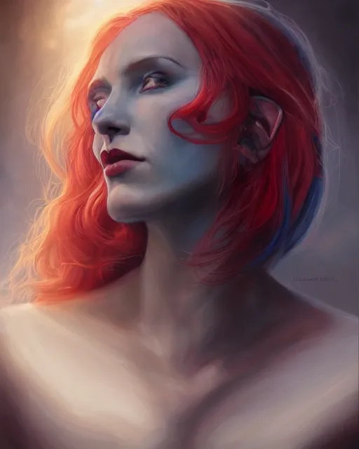 Image similar to A detailed matte oil on canvas head on symmetrical portrait of a distinguished elven woman with split red and blue hair on an empty background, by Charlie bowater, Wlop, trending on artstationhd, dungeons and dragons art, parted hair , half blue, half red , split dye, critical role