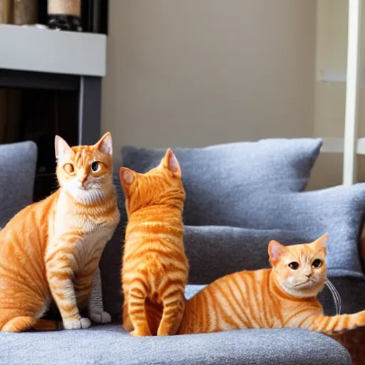 Image similar to three orange tabby cats and two grey tabby cats relaxing in the sunshine in a living room