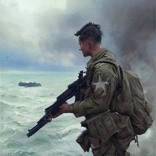 Image similar to an american soldier fighting in d - day fantastic camera engel by greg rutkowski