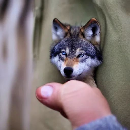 Prompt: photo of a tiny pet timber wolf sticking out of a pocket