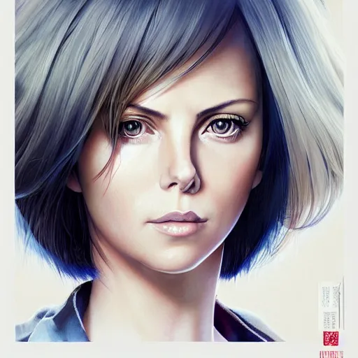 Image similar to charlize theron portrait as manga girl, realistic shaded perfect face, fine details. anime. realistic shaded lighting poster by ilya kuvshinov katsuhiro otomo ghost - in - the - shell, magali villeneuve, artgerm, jeremy lipkin and michael garmash and rob rey