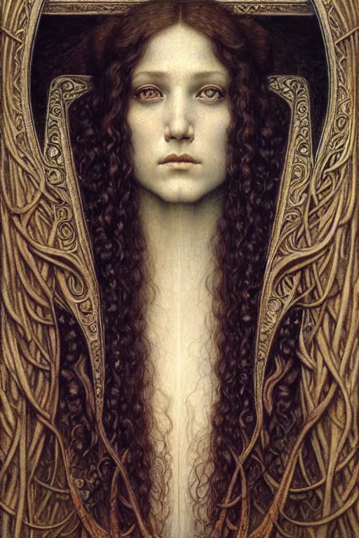 Image similar to detailed realistic beautiful young medieval queen face portrait by jean delville, gustave dore and marco mazzoni, art nouveau, symbolist, visionary, gothic, pre - raphaelite. horizontal symmetry